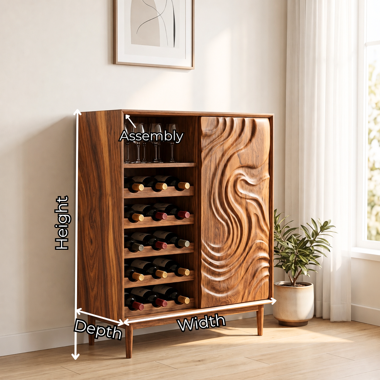 Wine Cabinet Solid Wood with Carved Wave Door and Bottle Storage for Home Bar