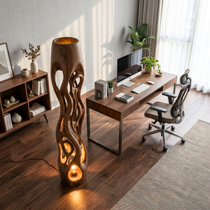 Handcrafted Solid Wood Floor Lamp with Organic Hollow Carved Body