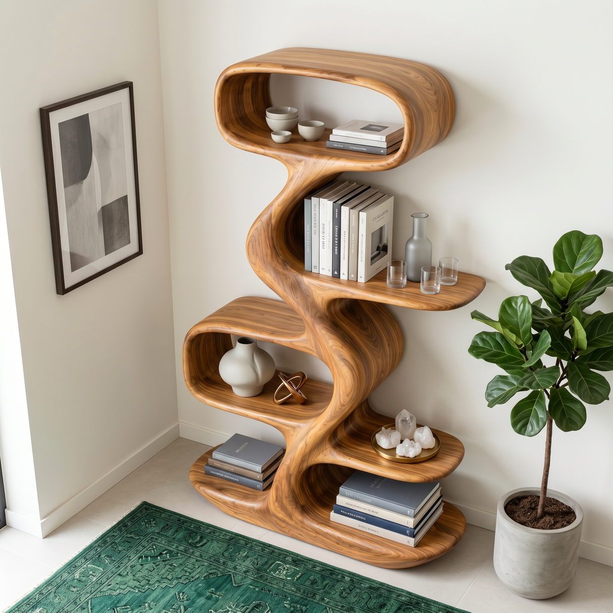 Organic Solid Wood Display Shelf with Flowing S-Shaped Frame