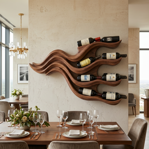 Wall-Mounted Solid Wood Wine Rack with Flowing Wave Shelves