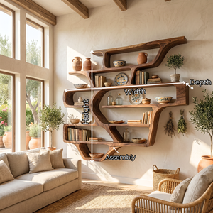Organic Solid Wood Wall Mounted Bookshelf with Flowing Open Display Shelves