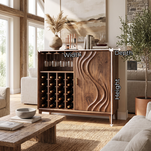 Solid Wood Wine Cabinet with Carved Wave Door for Dining Room