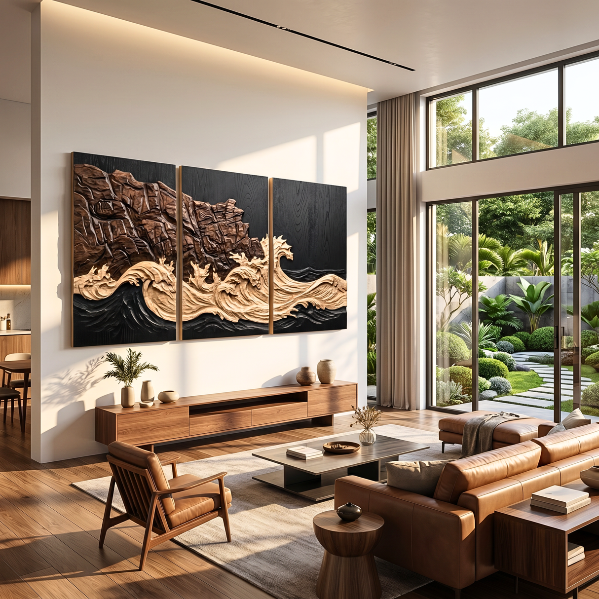 Carved Wood Coastal Triptych Wall Art with Layered Cliff Relief