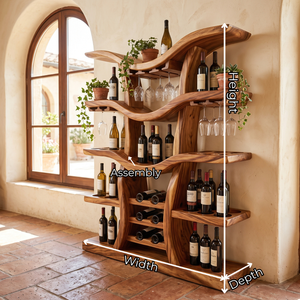 Freestanding Wine Rack Solid Wood with Branching Shelves for Home Bar