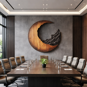 Contemporary Solid Wood Crescent Wall Sculpture with Layered Carving for Living Rooms