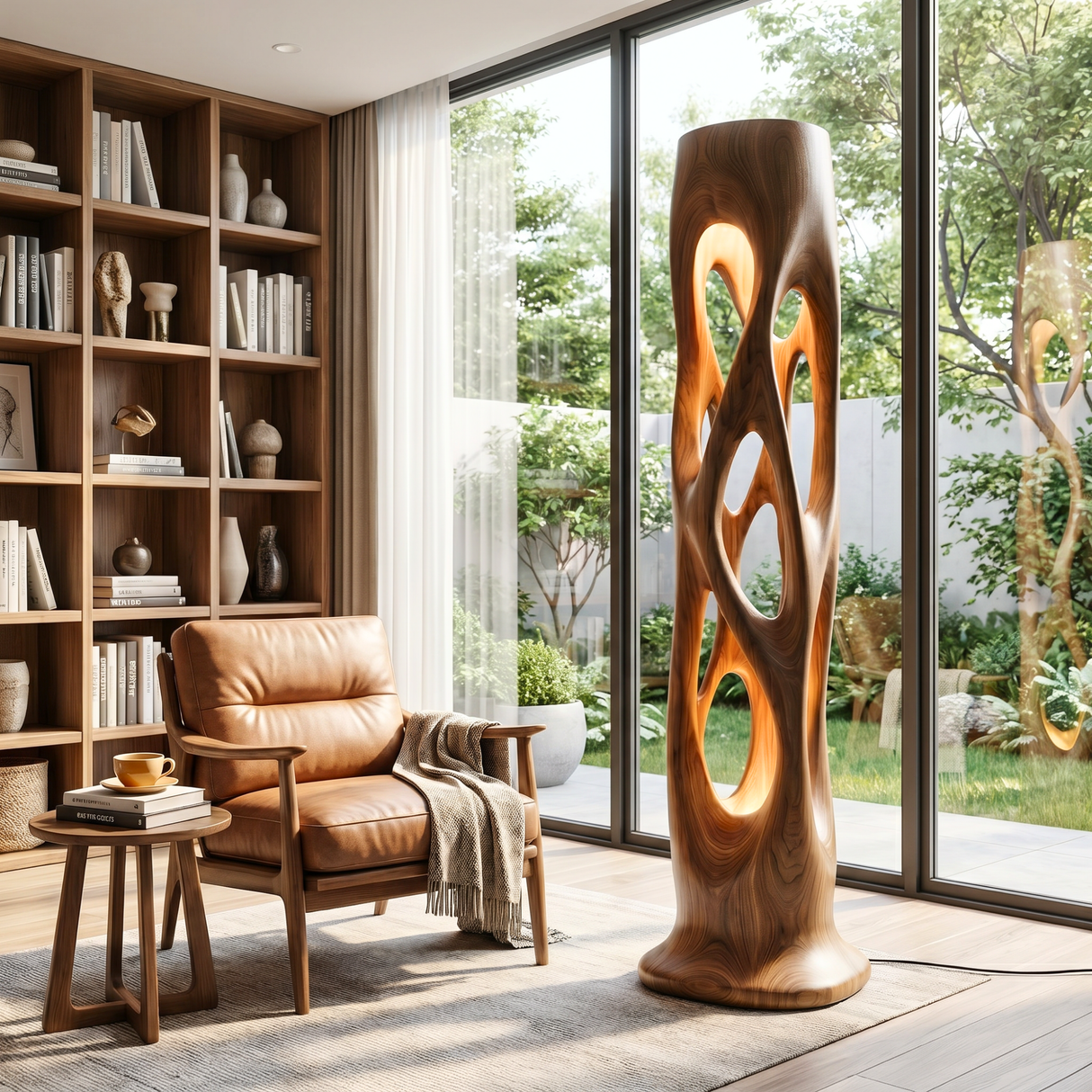 Sculptural Solid Wood Floor Lamp with Illuminated Openwork Column and Organic Cutout Design