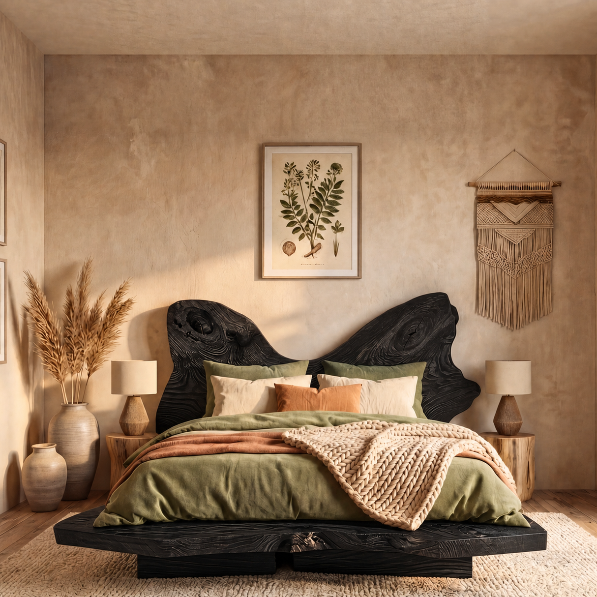 Organic Edge Solid Wood Bed with Sculpted Natural Headboard