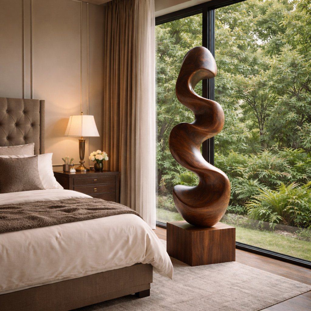 Solid Wood Sculptural Wave Floor Sculpture with Plinth for Modern Interiors