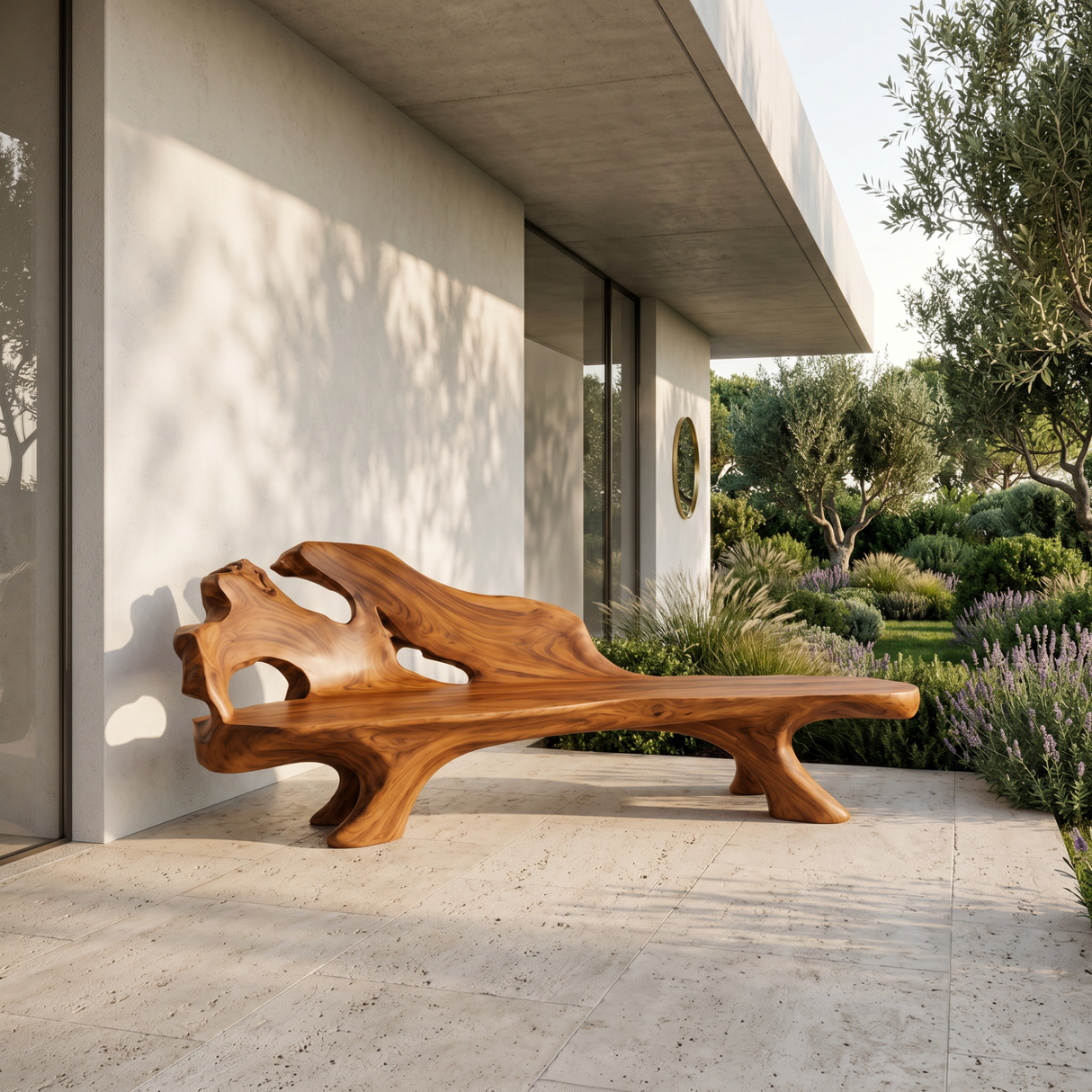 Solid Wood Outdoor Bench with Sculptural Backrest and Hollow Carved Details