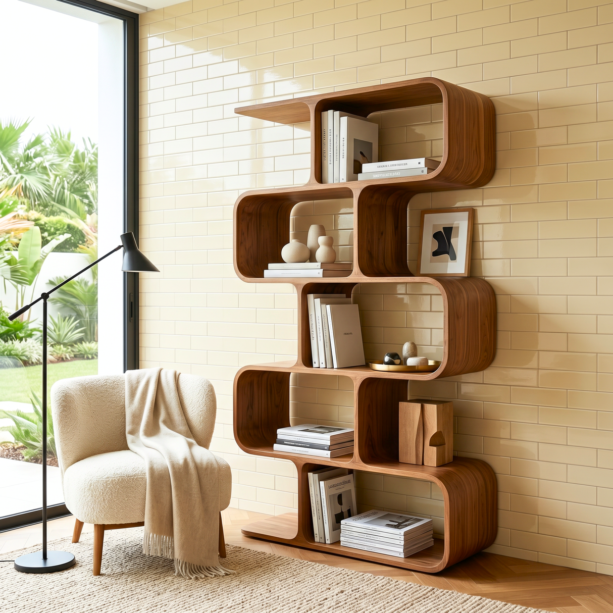 Organic Solid Wood Bookshelf with Staggered Rounded Compartments