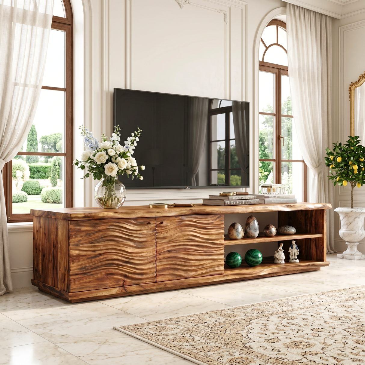 Organic Solid Wood TV Console with Wave Carved Doors and Open Shelves