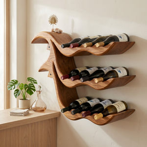 Wall-Mounted Solid Wood Wave Wine Bottle Rack