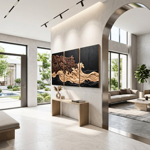 Carved Wood Coastal Triptych Wall Art with Layered Cliff Relief