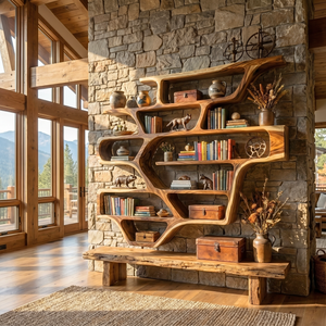 Organic Solid Wood Wall Mounted Bookshelf with Flowing Open Display Shelves