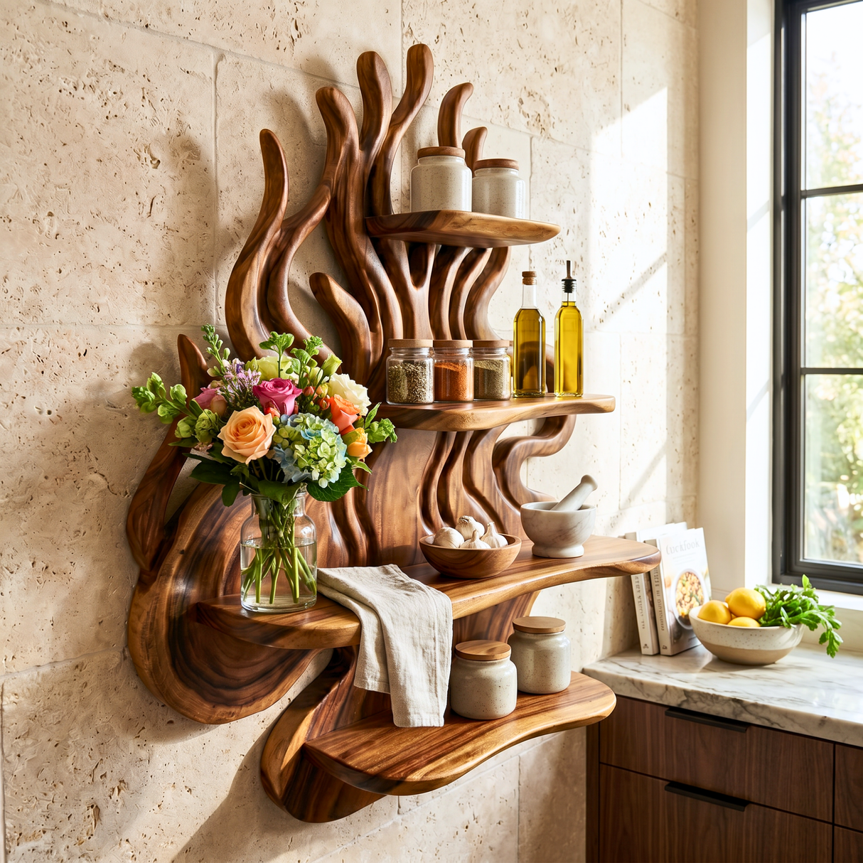 Organic Branch Wood Wall Shelf for Kitchen Storage