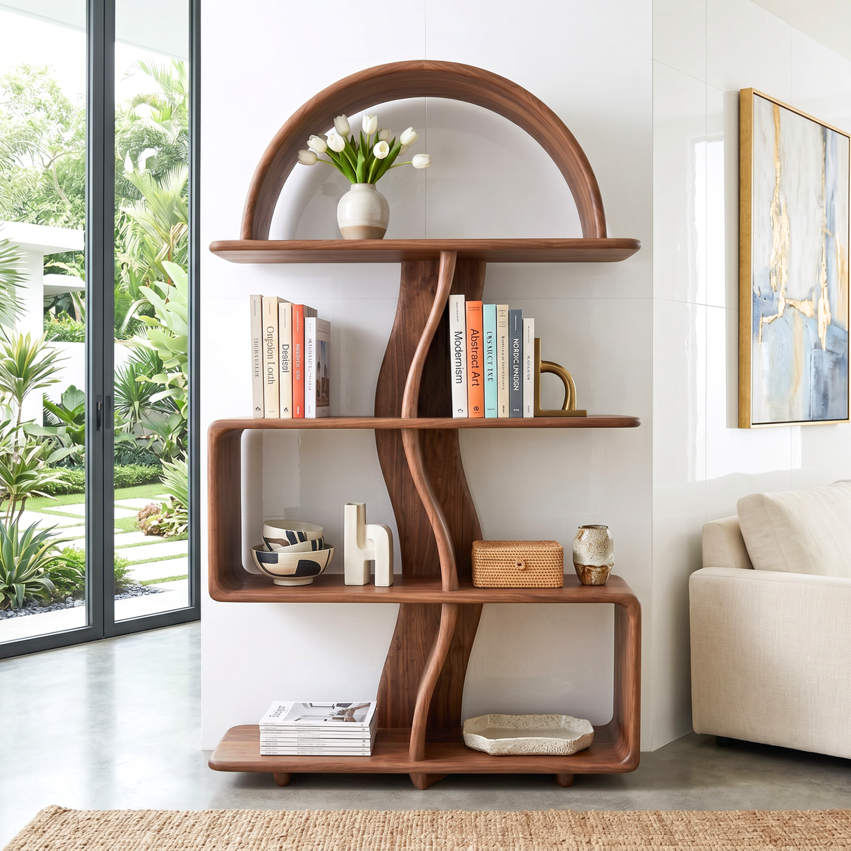 Organic Solid Wood Bookshelf with Arched Frame and Open Shelves
