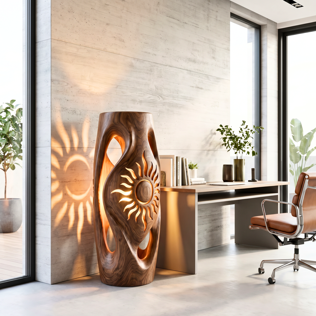 Sunburst Cutout Wood Floor Lamp with Warm Glow