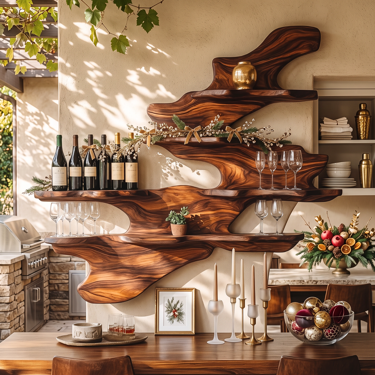 Flowing Wave Solid Wood Wall Wine Rack with Tiered Bottle and Glass Shelves