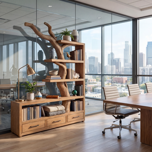 Solid Wood Bookshelf with Tree Trunk Form and Storage Drawers Organic Modern Display Shelf Unit