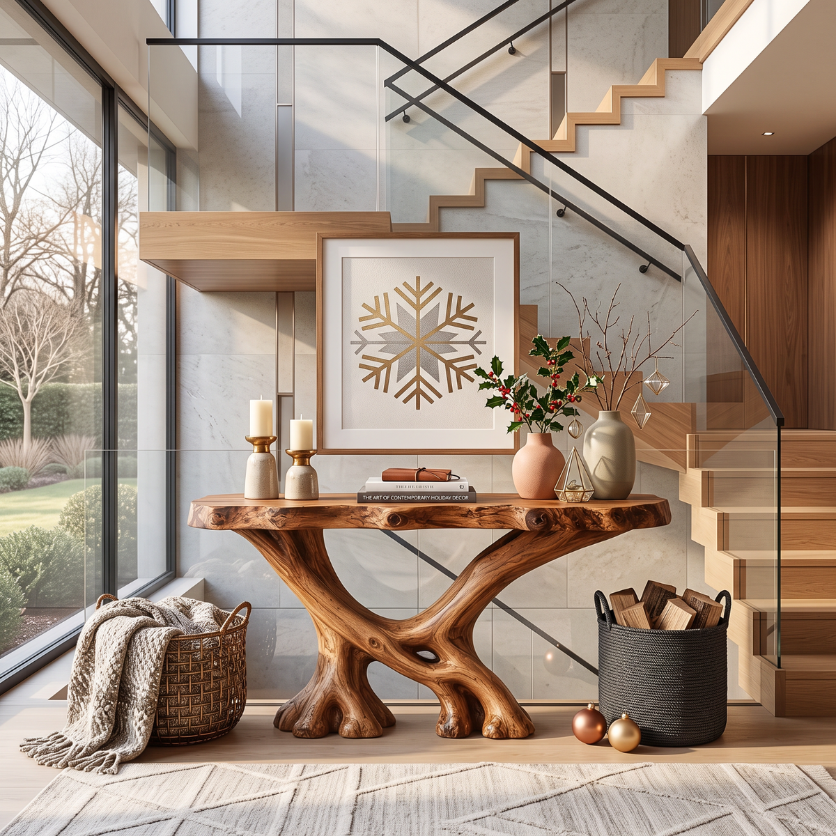 Rustic Solid Wood Console Table with Sculptural Crossed Branch Base