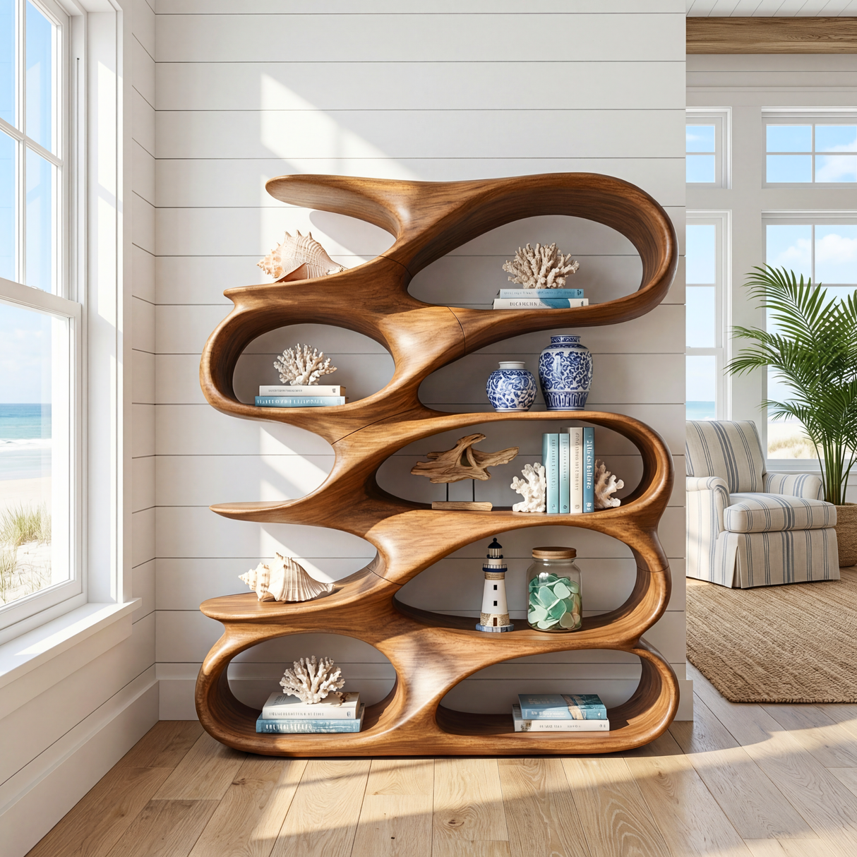 Abstract Loop Wood Display Shelf with Flowing Open Compartments