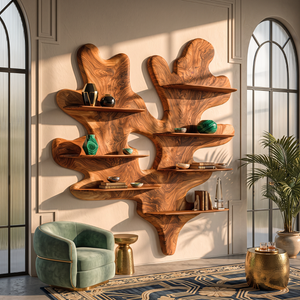 Sculptural Solid Wood Wall Shelf with Organic Leaf Inspired Design