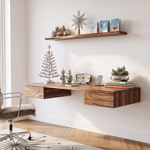 Wall Mounted Solid Wood Desk with Floating Drawers and Natural Wood Grain