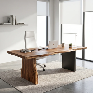 Solid Wood Office Desk with Live Edge Top and Panel Legs