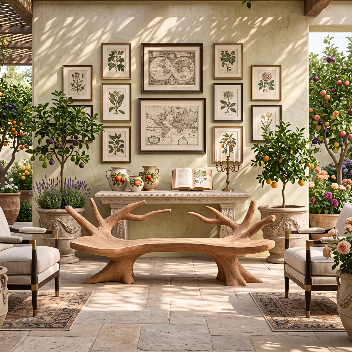 Branch Form Solid Wood Garden Bench with Sculptural Root Base