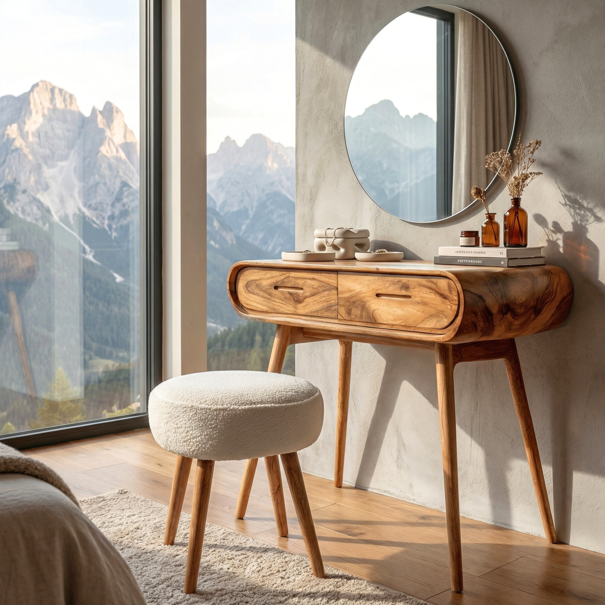 Curved Wood Vanity Table with Drawers, Mid Century Modern Dressing Table