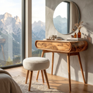 Curved Wood Vanity Table with Drawers, Mid Century Modern Dressing Table
