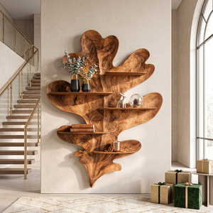 Sculptural Leaf Solid Wood Wall Shelf with Organic Botanical Display Design