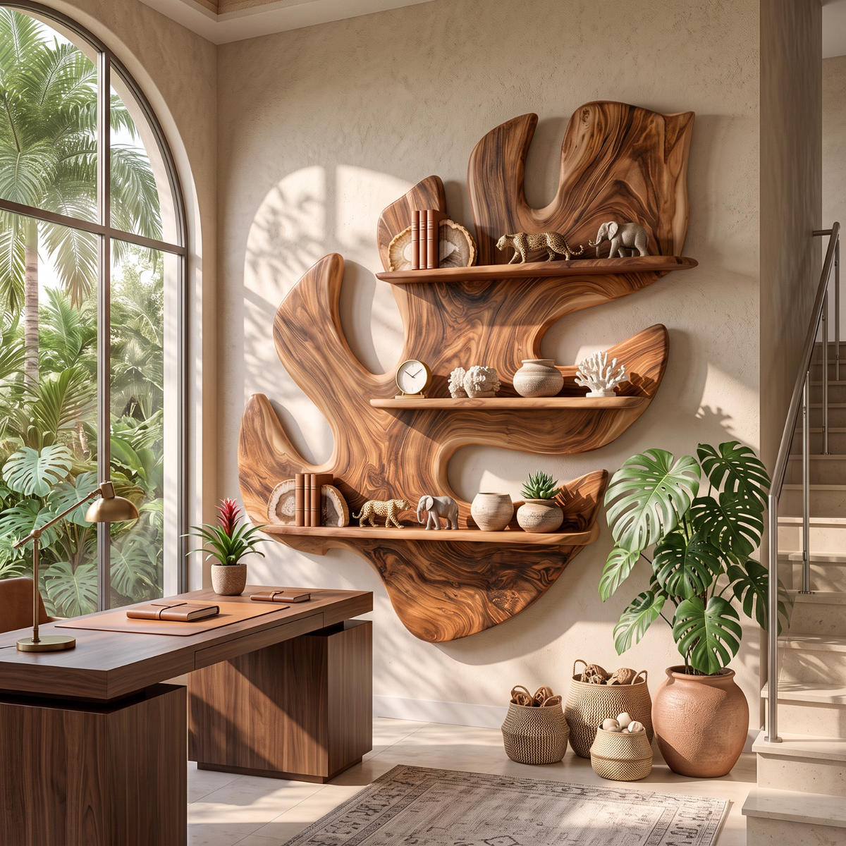 Tropical Leaf Solid Wood Wall Shelf for Nature Inspired Living Room Decor
