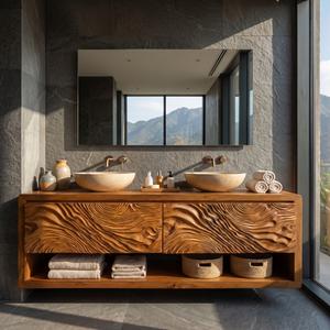 Double Vanity Cabinet with Carved Wave Front and Open Shelf
