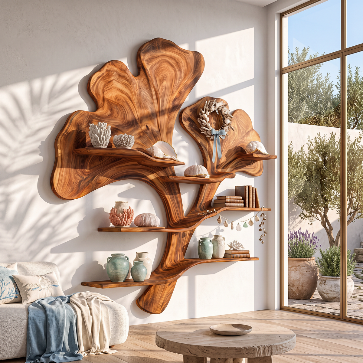 Sculptural Solid Wood Wall Shelf with Flowing Botanical Leaf Design