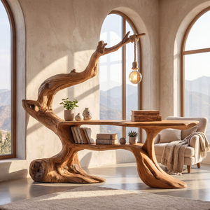 Handcrafted Sculptural Wood Desk with Hanging Light, Tree Inspired Writing Table, Artistic Statement Workspace