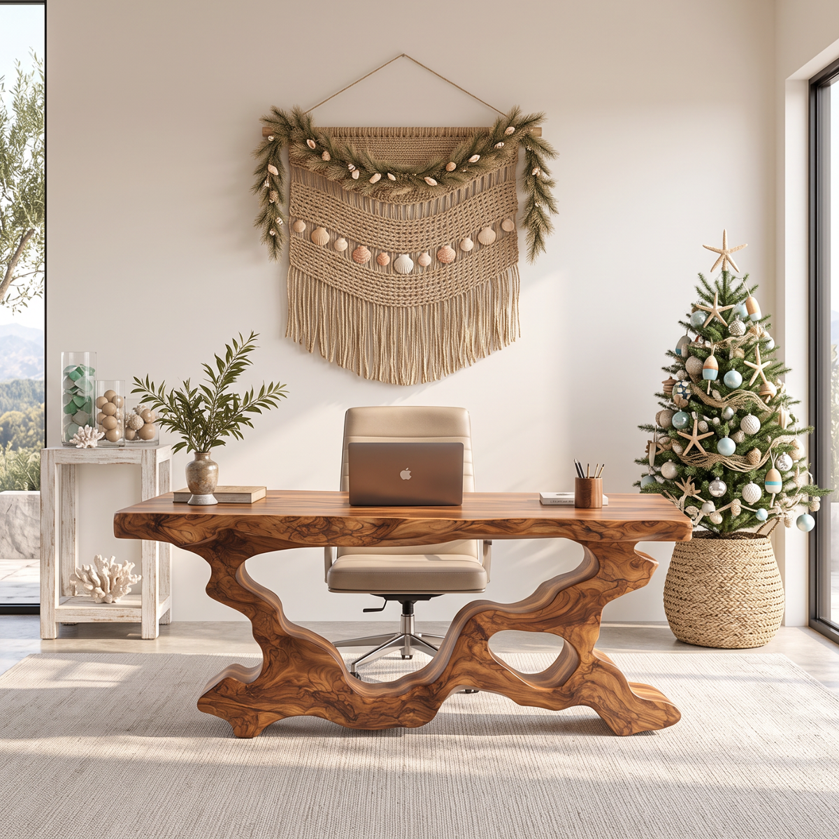 Live Edge Solid Wood Executive Desk with Sculptural Root Frame
