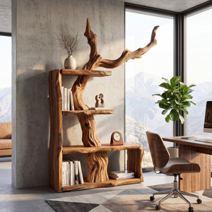 Sculptural Solid Wood Bookshelf with Tree Branch Form Organic Modern