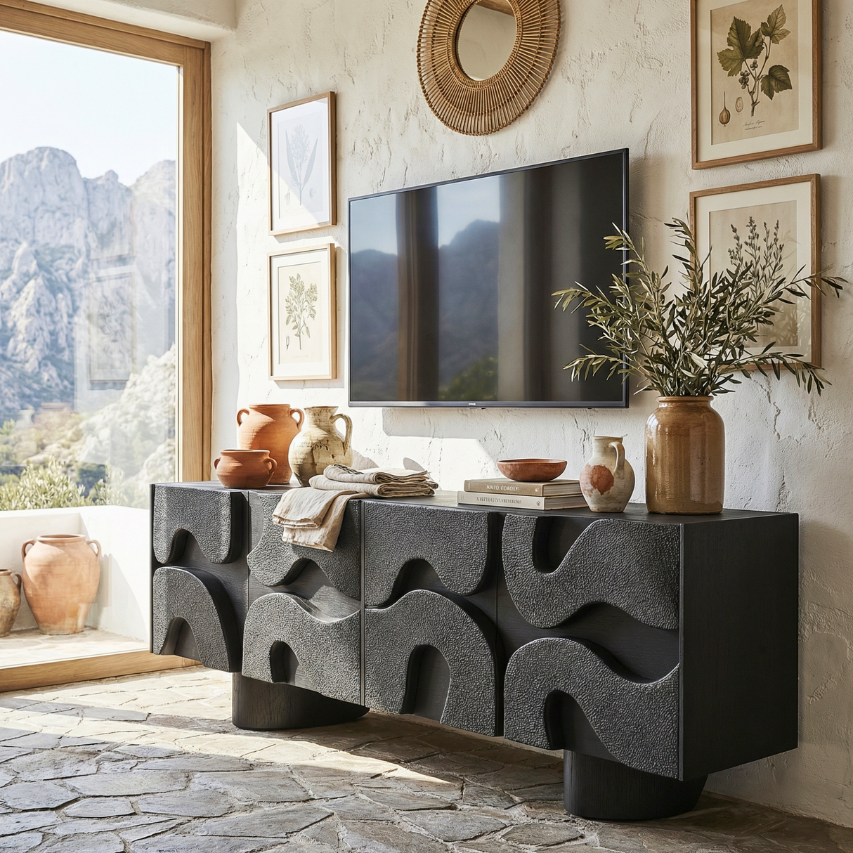 Solid Wood TV Cabinet with Sculptural Wave Relief Doors for Modern Interiors