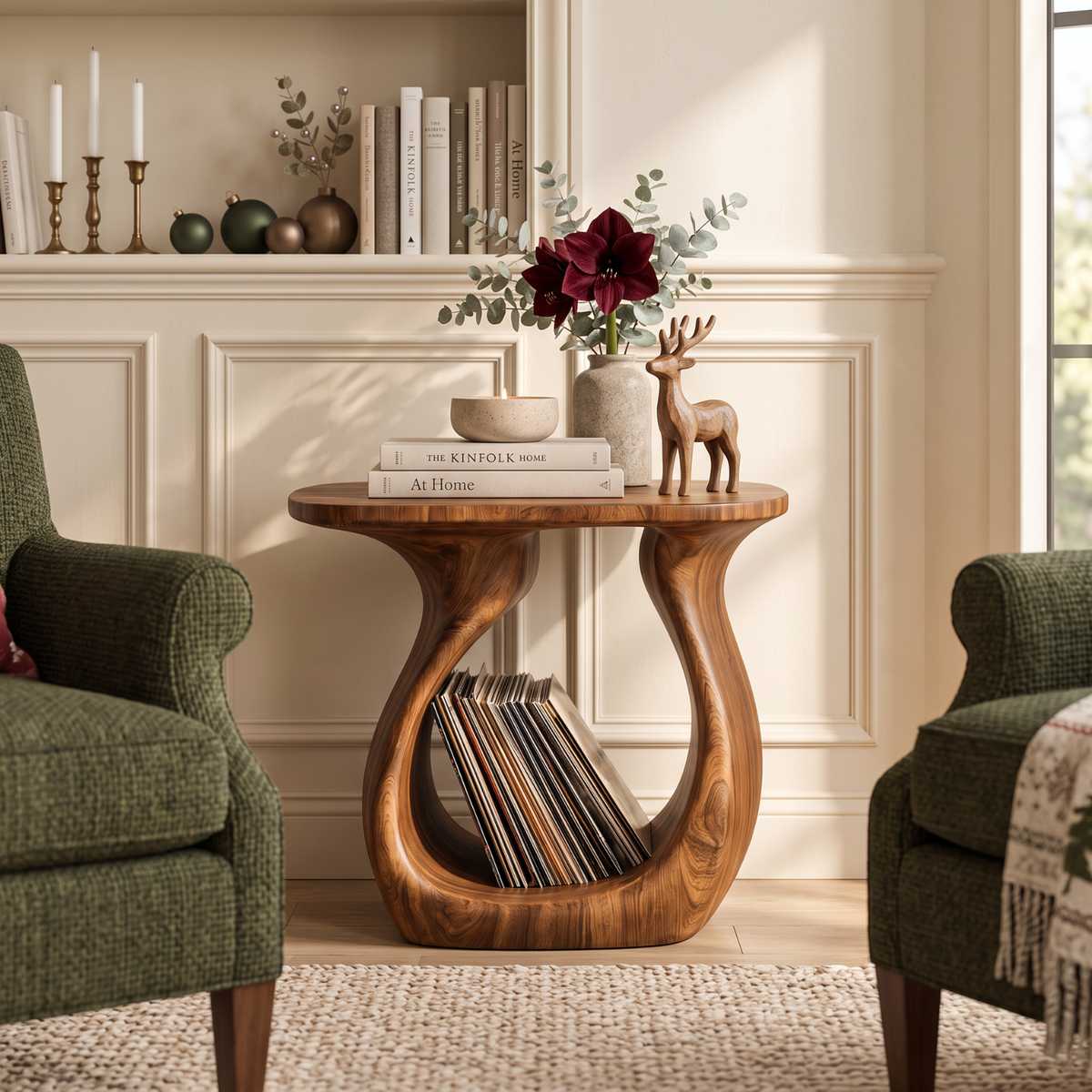 Sculptural Solid Wood Side Table with Open Loop Base