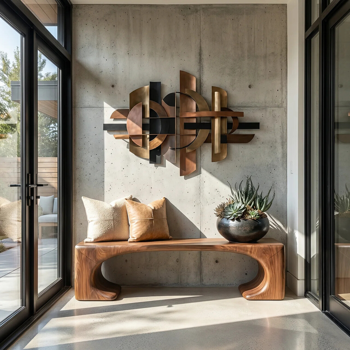 Organic Wood Bench with Sculptural Open Arch Base for Modern Interiors