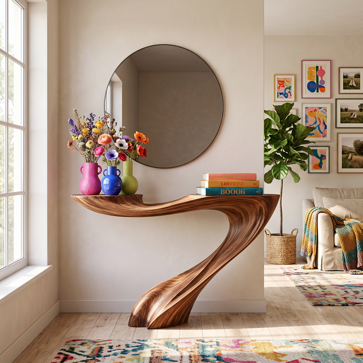 Handcrafted Solid Wood Console Table with Sweeping Wave Pedestal