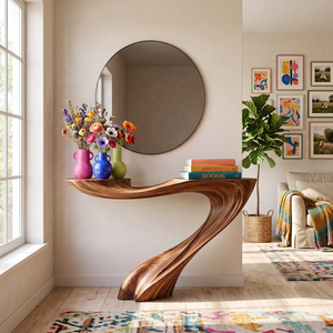 Handcrafted Solid Wood Console Table with Sweeping Wave Pedestal