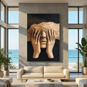 Handcrafted Solid Wood Face Wall Sculpture with Layered Wave Blindfold and Sculpted Hands