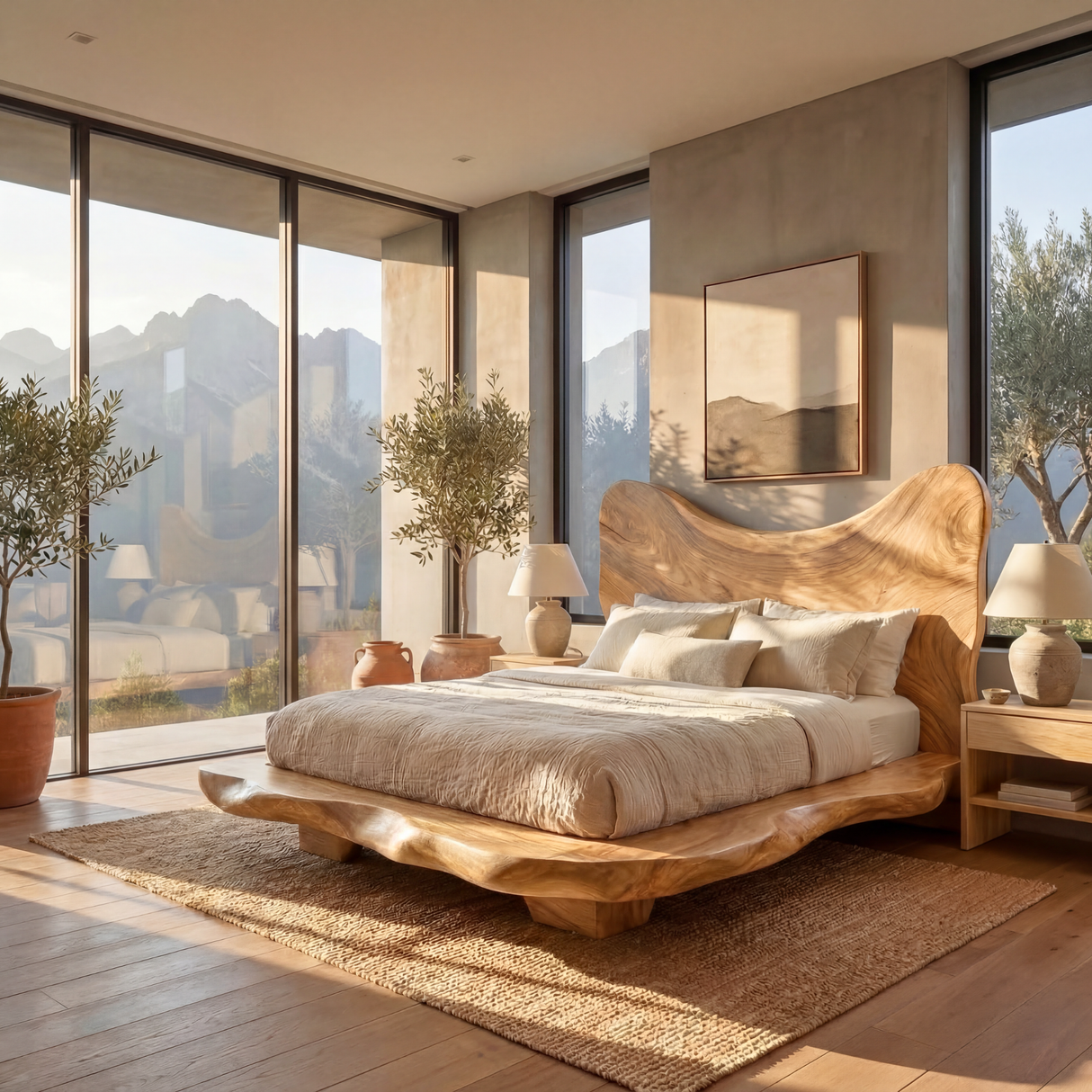 Sculptural Solid Wood Bed Frame with Organic Headboard