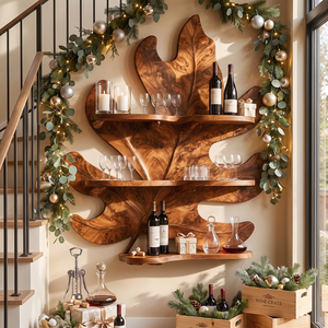 Tropical Leaf Solid Wood Wine Rack with Sculptural Wall Shelves