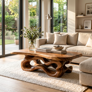 Artisan Solid Wood Coffee Table with Fluid Loop Base and Soft Edge Slab Top
