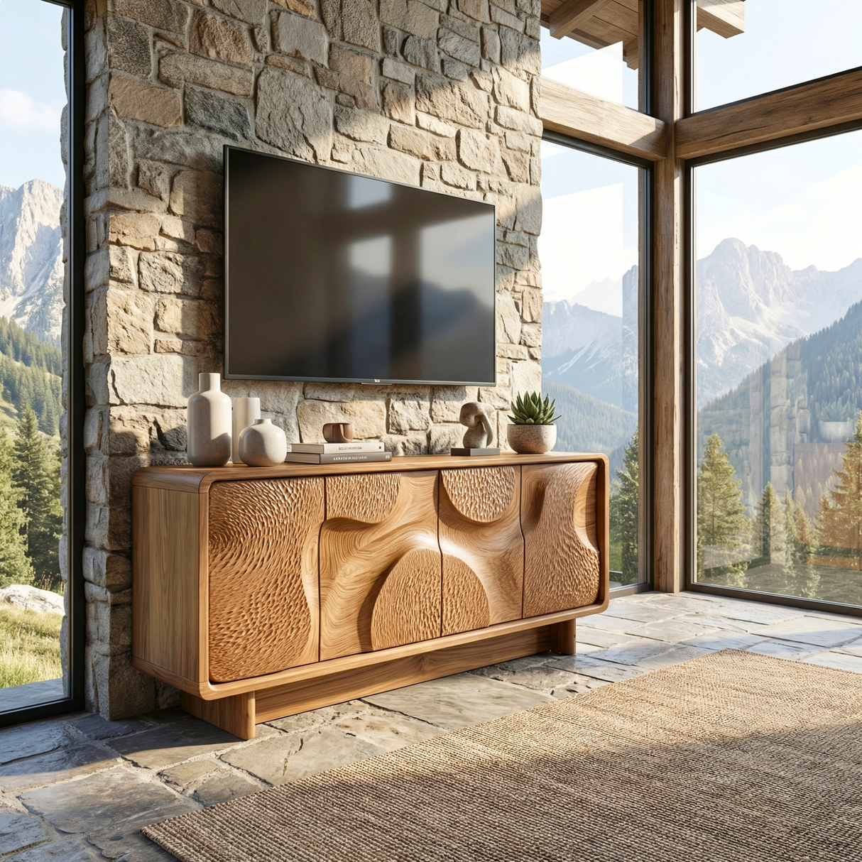 Solid Wood Media Console with Carved Organic Doors