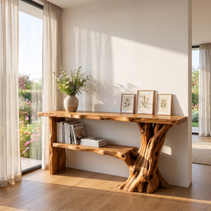 Rustic Wooden Console Table Tree Form Entryway Shelf