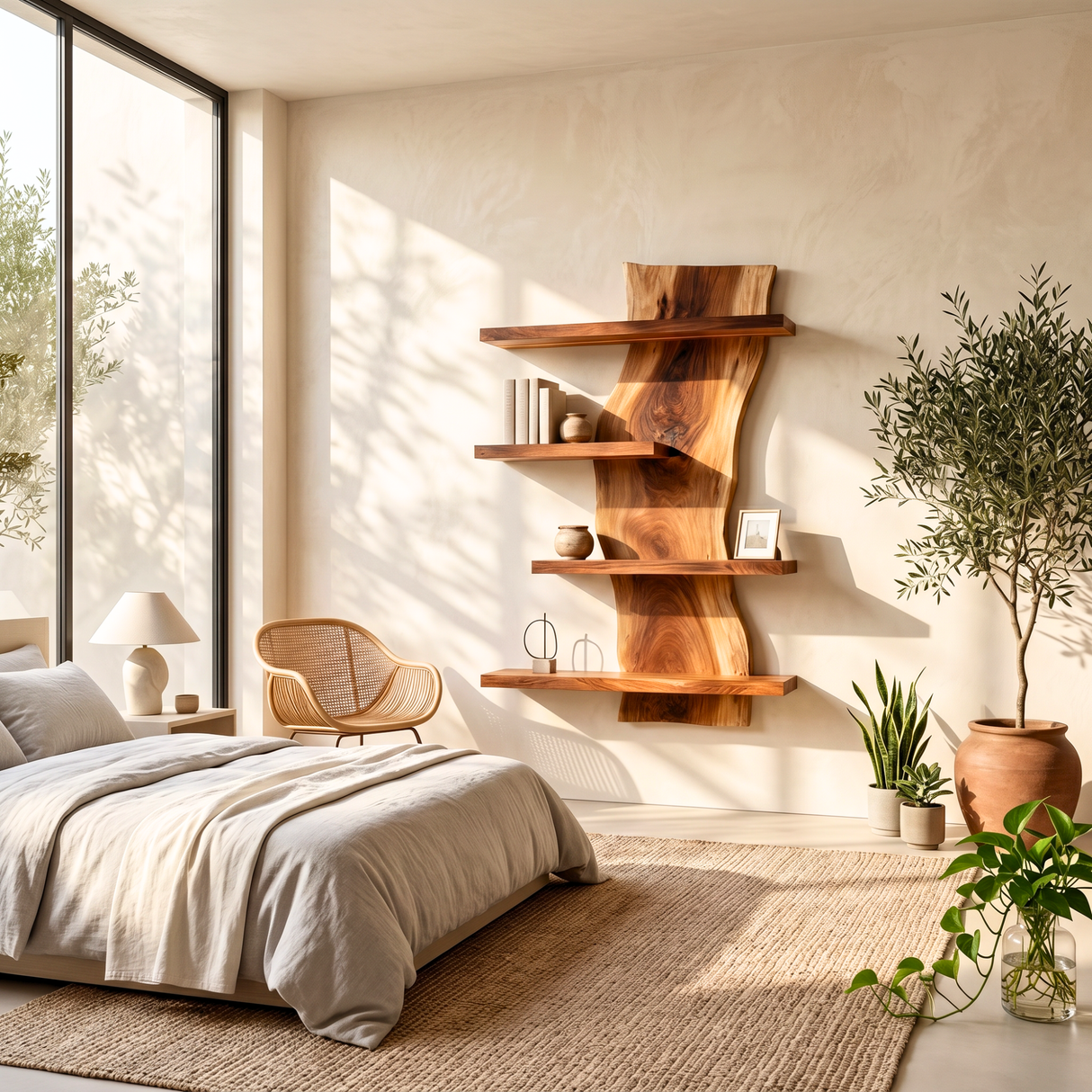 Modern Live Edge Wooden Wall Shelf Handmade Floating Solid Wood Bookcase Display Shelf